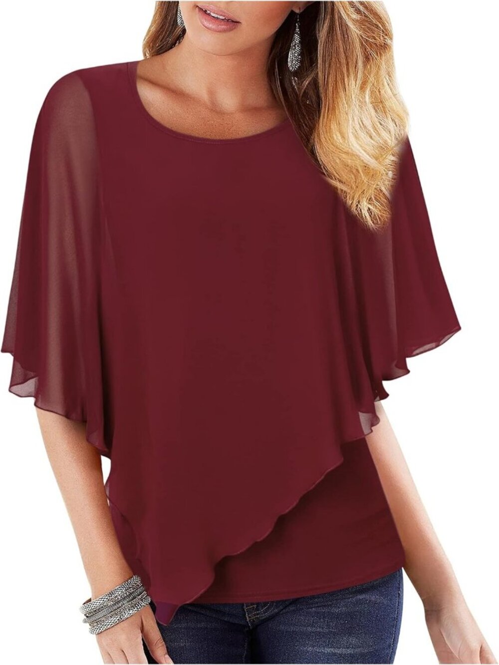 Women's Wine Elegant Lightweight Flowy Shirt Double Layered Printed Top
